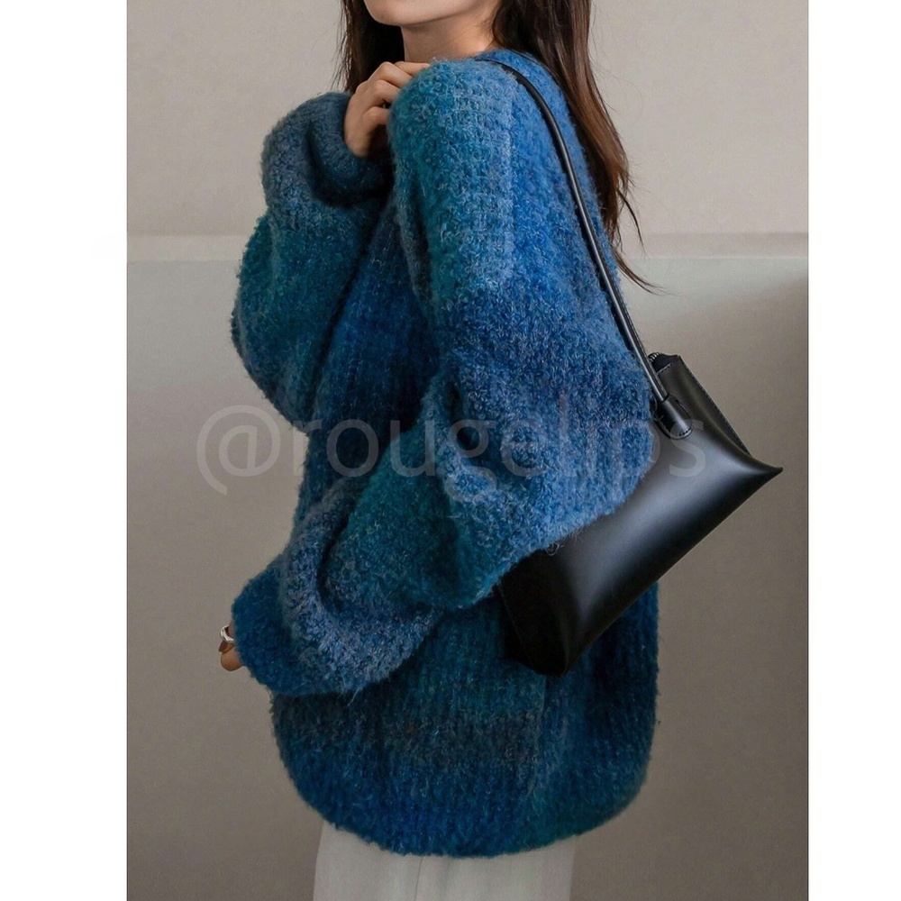 Blue Ombre Oversized Pullover Knit Sweater Round Neck Long SLeeve